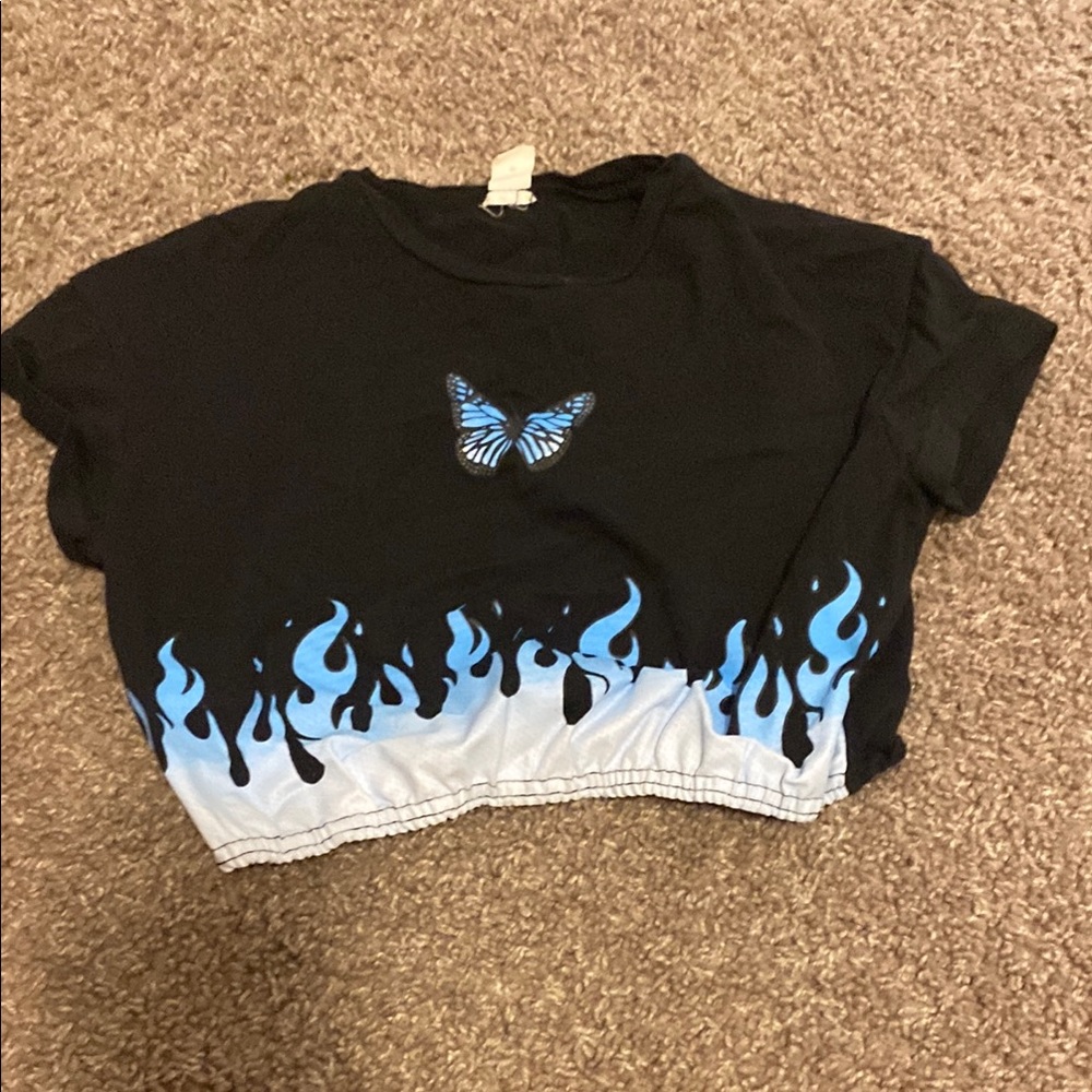 Black Crop Top with Blue Butterfly and Flame Design